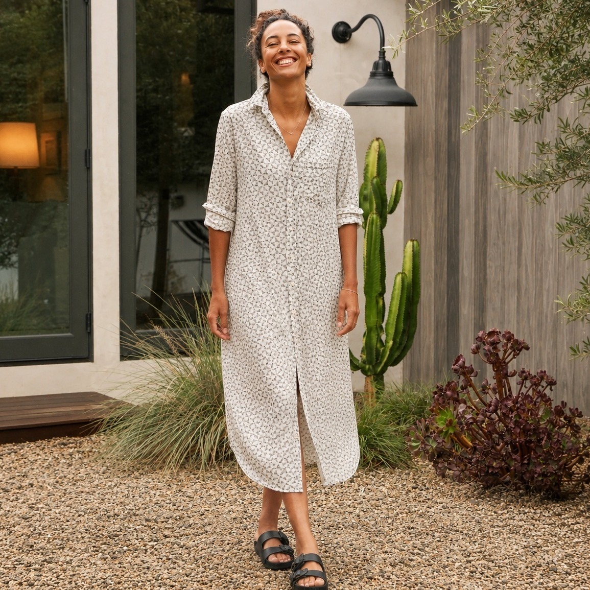 Frank & Eileen Rory Linen Maxi Shirt Dress Xs Beige Black Geometric Boho Relaxed